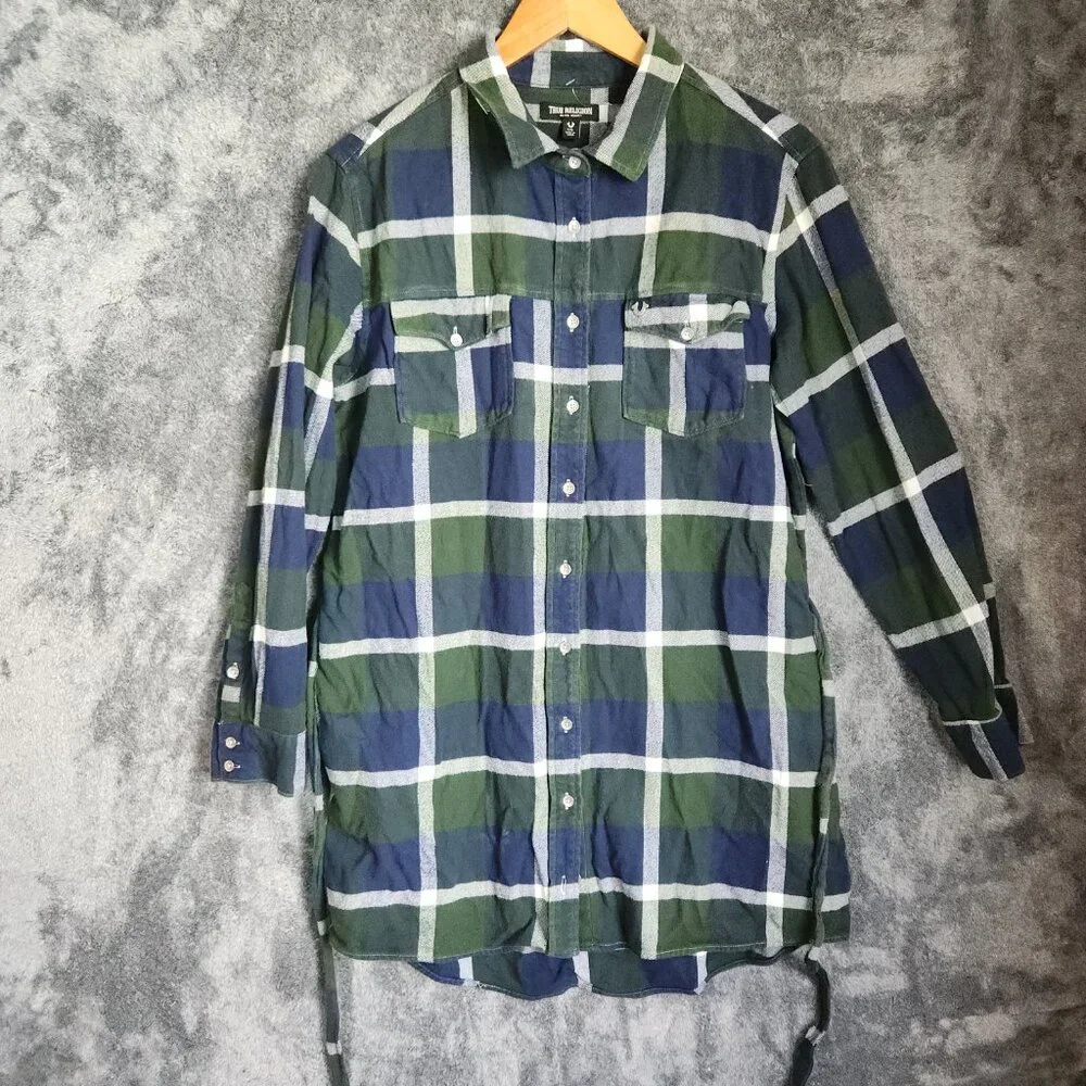 True Religion Shirt Dress Womens Large Green Plaid Flannel Button Down Tie Front - Picture 8 of 10